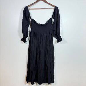 R.Vivimos Smocked Puff Sleeve Boho Midi Dress Size Medium Black